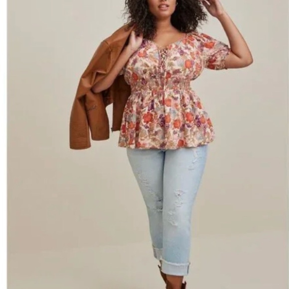 Torrid Boho Georgette Pink Floral Eyelet Smocked Waist Puff Sleeve Women's Top